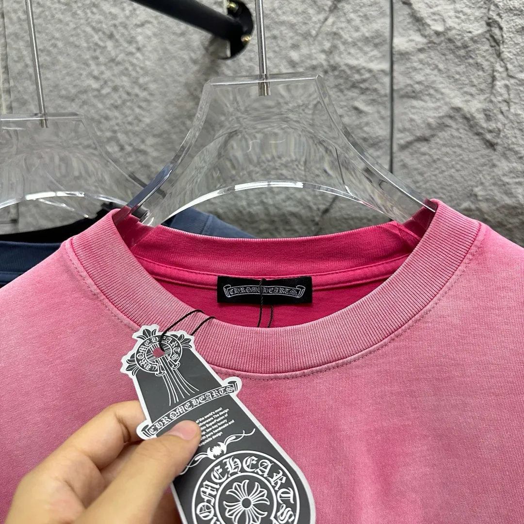 🅿️200 CH Croix Heart 2025 Summer New Style Heavy Acid Washing Gradient Distressing Chest Logo Classic Embroidery Customized Fabric Short Sleeve T-shirt Unisex Size: S M L